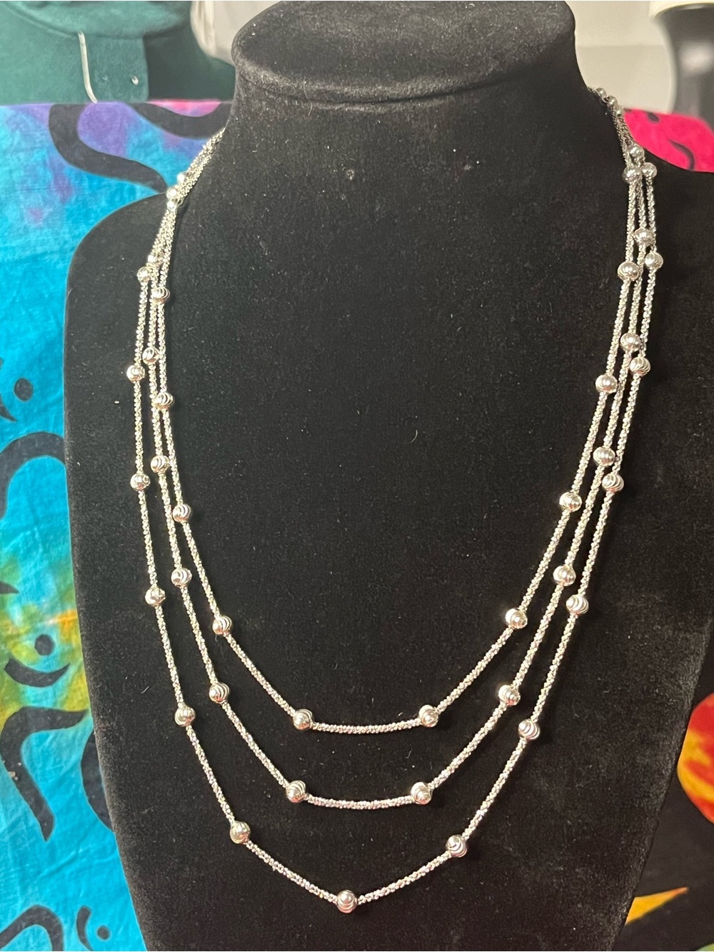 Italian Sterling Silver Three-Strand Beaded Necklace — 17” + 2” Extender